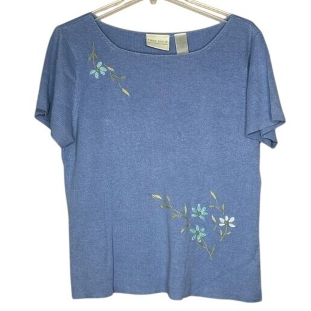 First Issue VTG Blue Floral Embroidered Knit Sweater Top XL Cottagecore Romantic